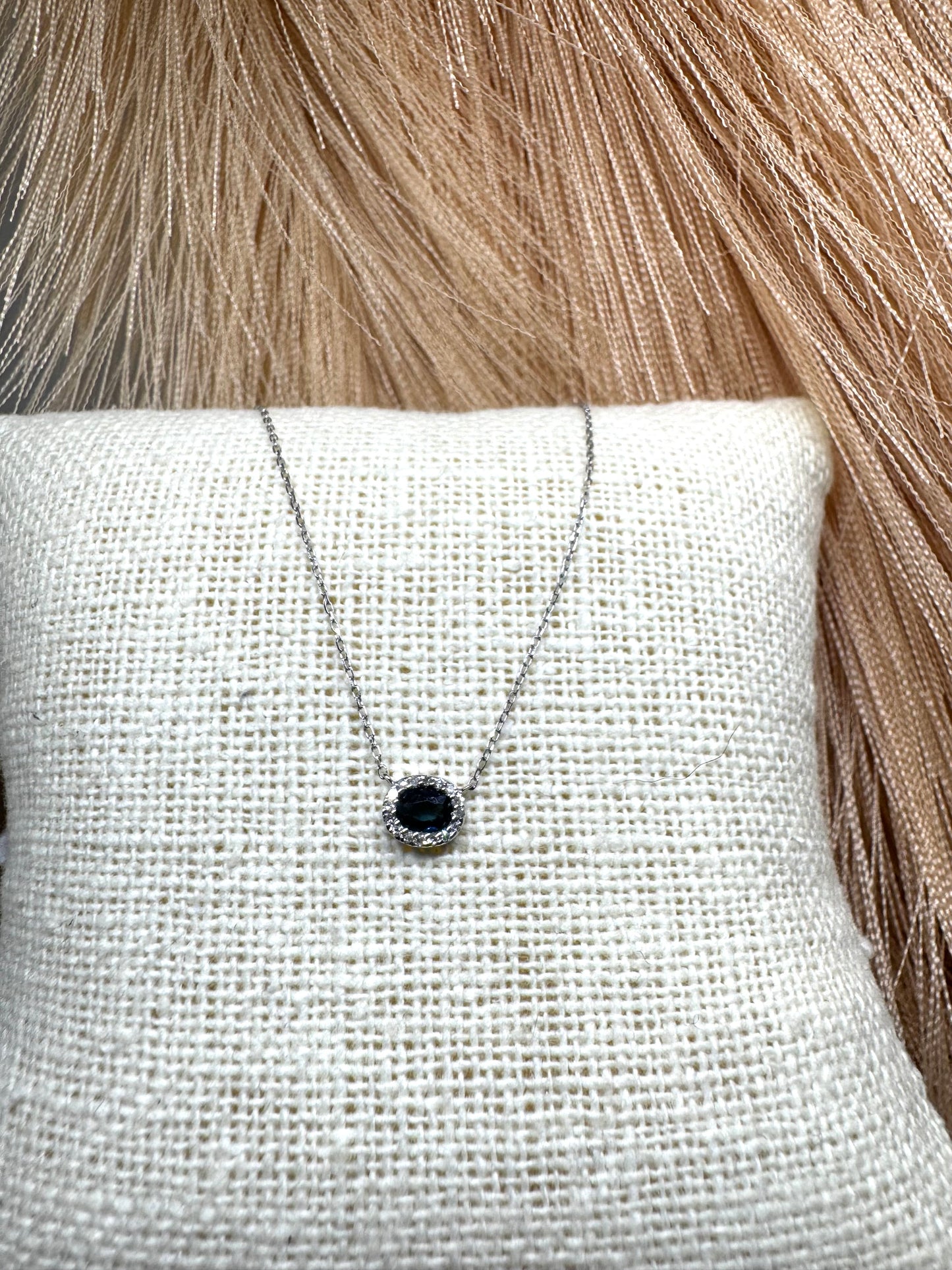 14K White Gold Oval Sapphire & 0.10ctw Diamond Halo Necklace