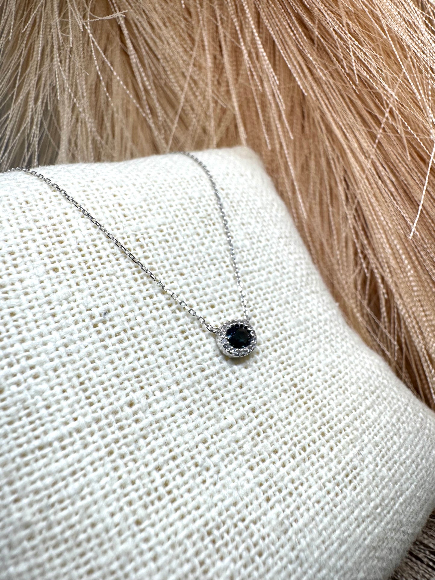 14K White Gold Oval Sapphire & 0.10ctw Diamond Halo Necklace