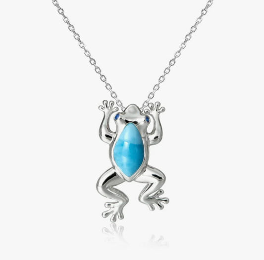 Sterling Silver Larimar Frog Pendant with Blue Topaz eyes