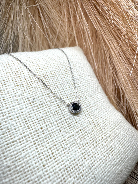 14K White Gold Oval Sapphire & 0.10ctw Diamond Halo Necklace