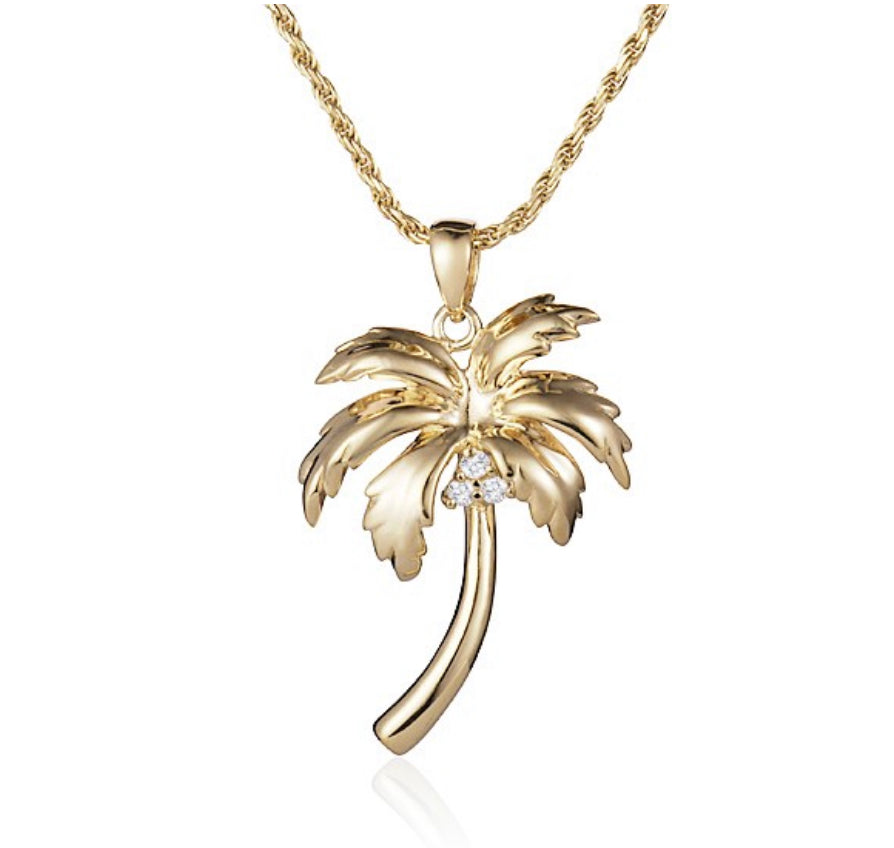 14k Yellow Gold Diamond Palm Tree Necklace